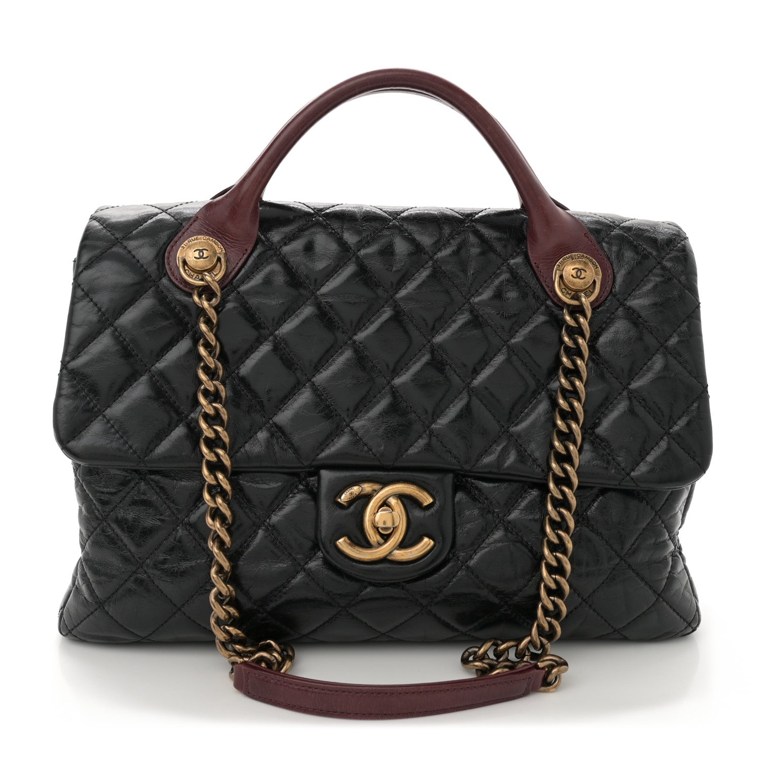 Chanel Glazed Calfskin Castle Rock Large Flap Black Burgundy 1 of 11