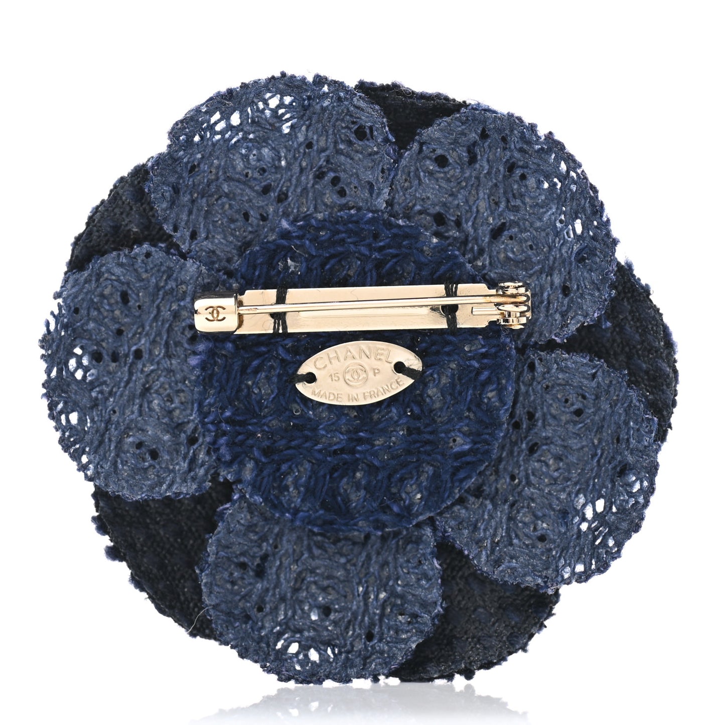 Tweed Camellia Pin Brooch Navy Blue