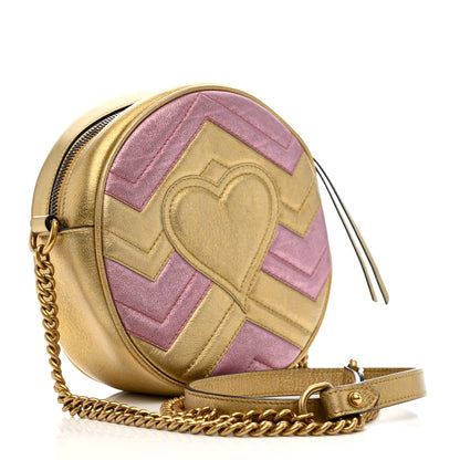Gucci Metallic Nappa Matelasse Heart Mini GG Marmont Round Shoulder Bag Oro Vecchio Rosa 3 of 11