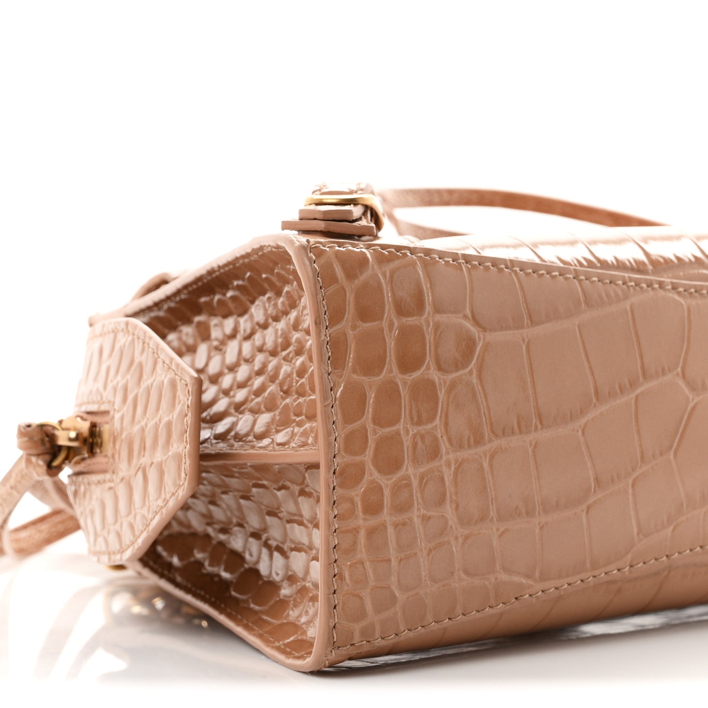 Shiny Supple Calfskin Crocodile Embossed Neo Classic Gold Hardware Mini City Nude Beige