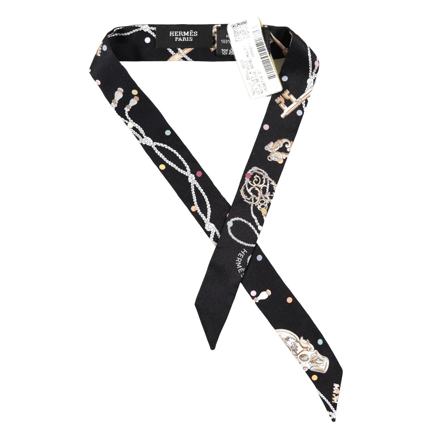 Hermes Silk Les Cles A Pois Doll Twilly Black Beige Rose 1 of 3