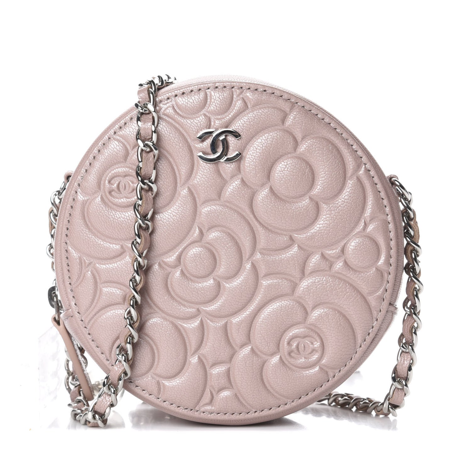 Lambskin Camellia Quilted Round Clutch With Chain Light Pink