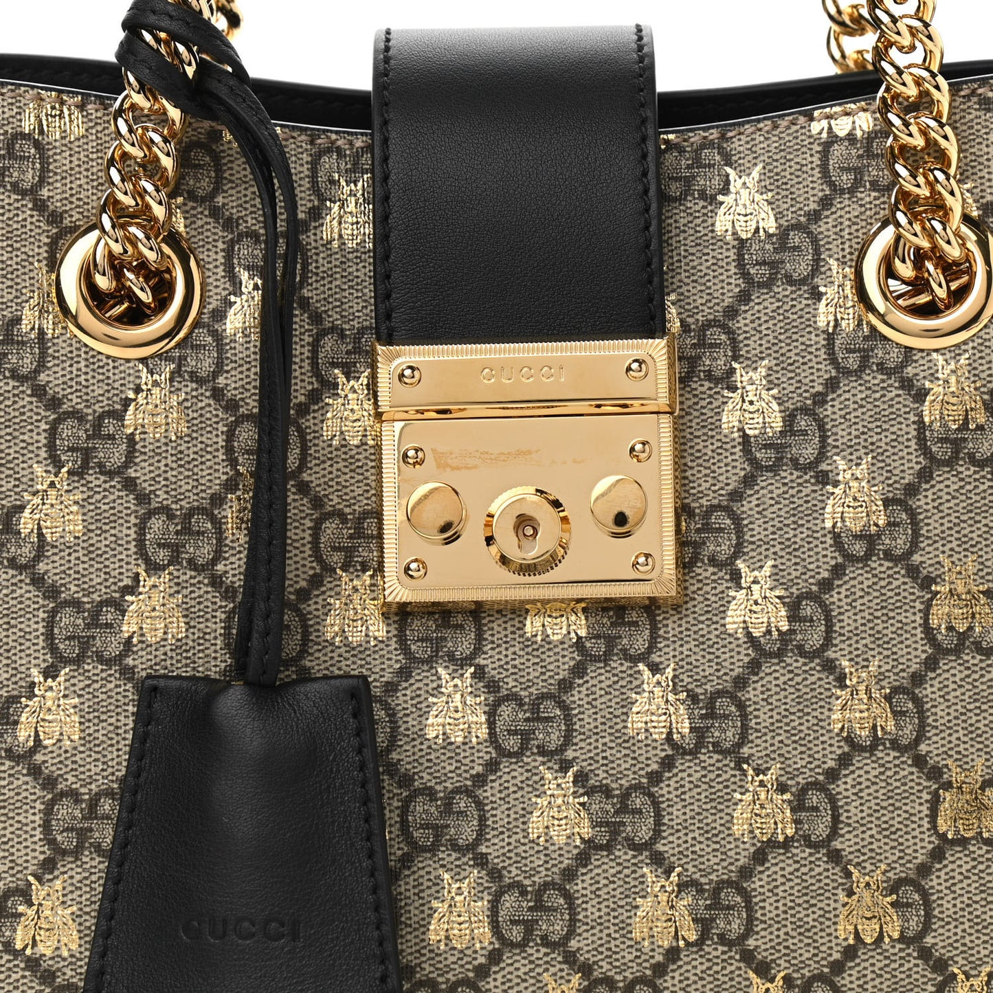 GG Supreme Monogram Bees Small Padlock Tote Beige Oro Black