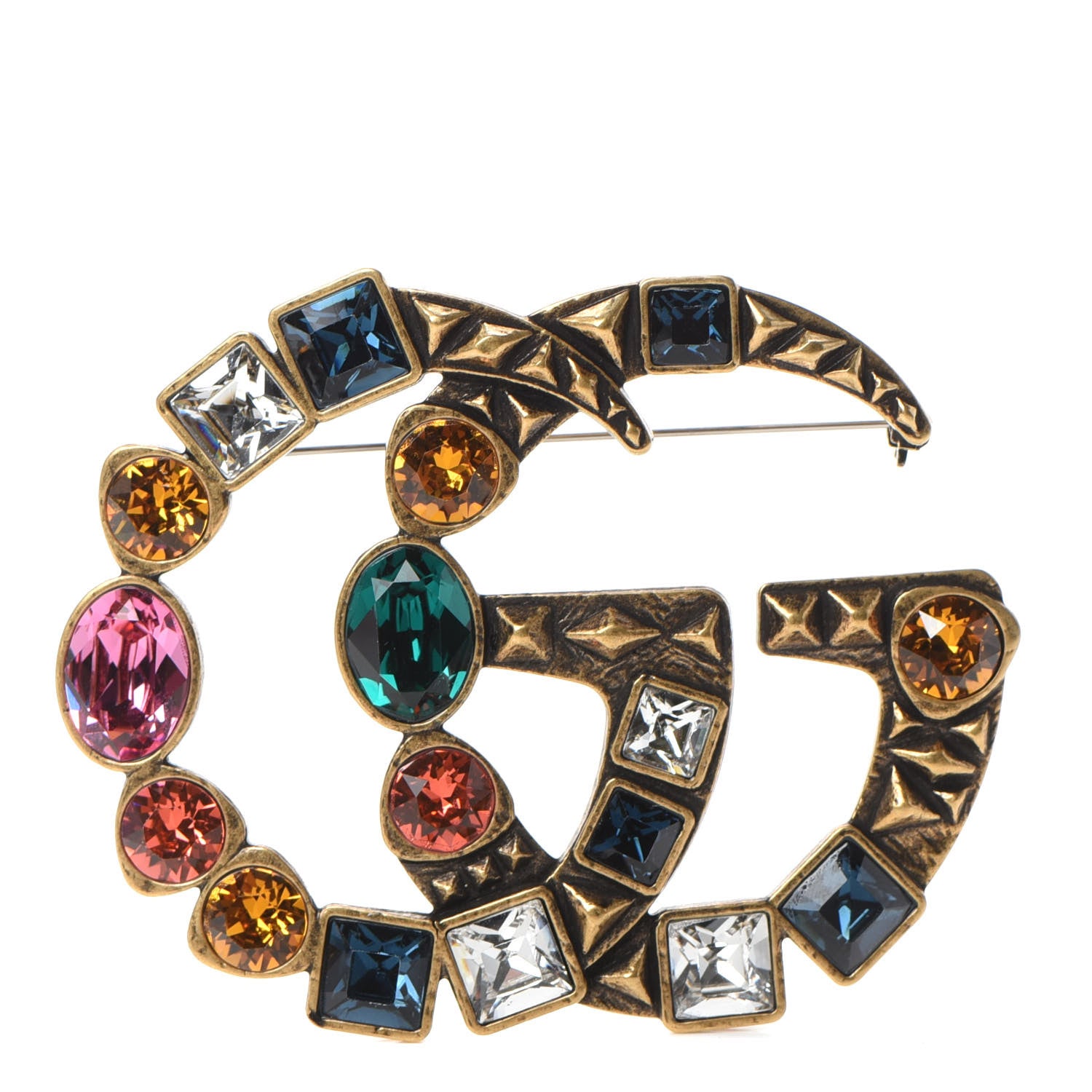 Gucci Metal Crystal Double G Brooch Aged Gold Multicolor 1 of 4