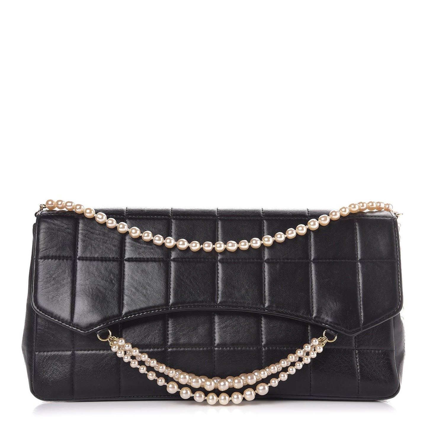 Lambskin Chocolate Bar Pearl Chain Flap Black