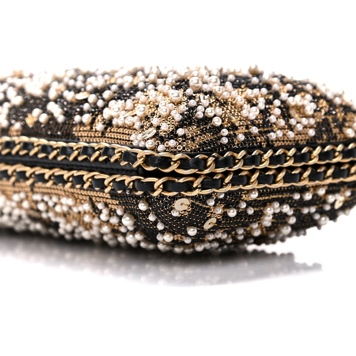 Chanel Pearl Crystal Chain Around Evening Clutch Black Gold 9 of 11
