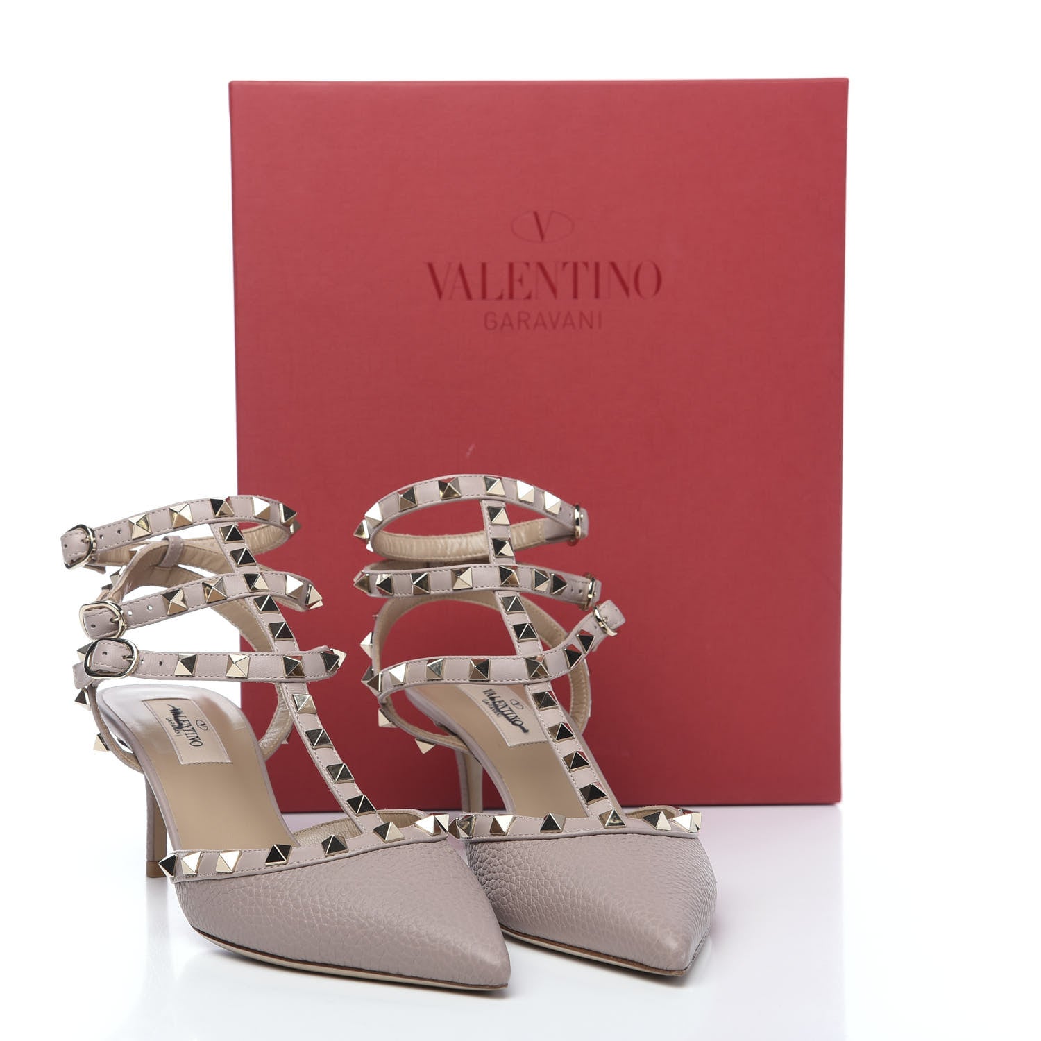 Valentino Garavani Pebbled Calfskin Rockstud Ankle Strap Low Heel Pumps 38 Poudre 9 of 9