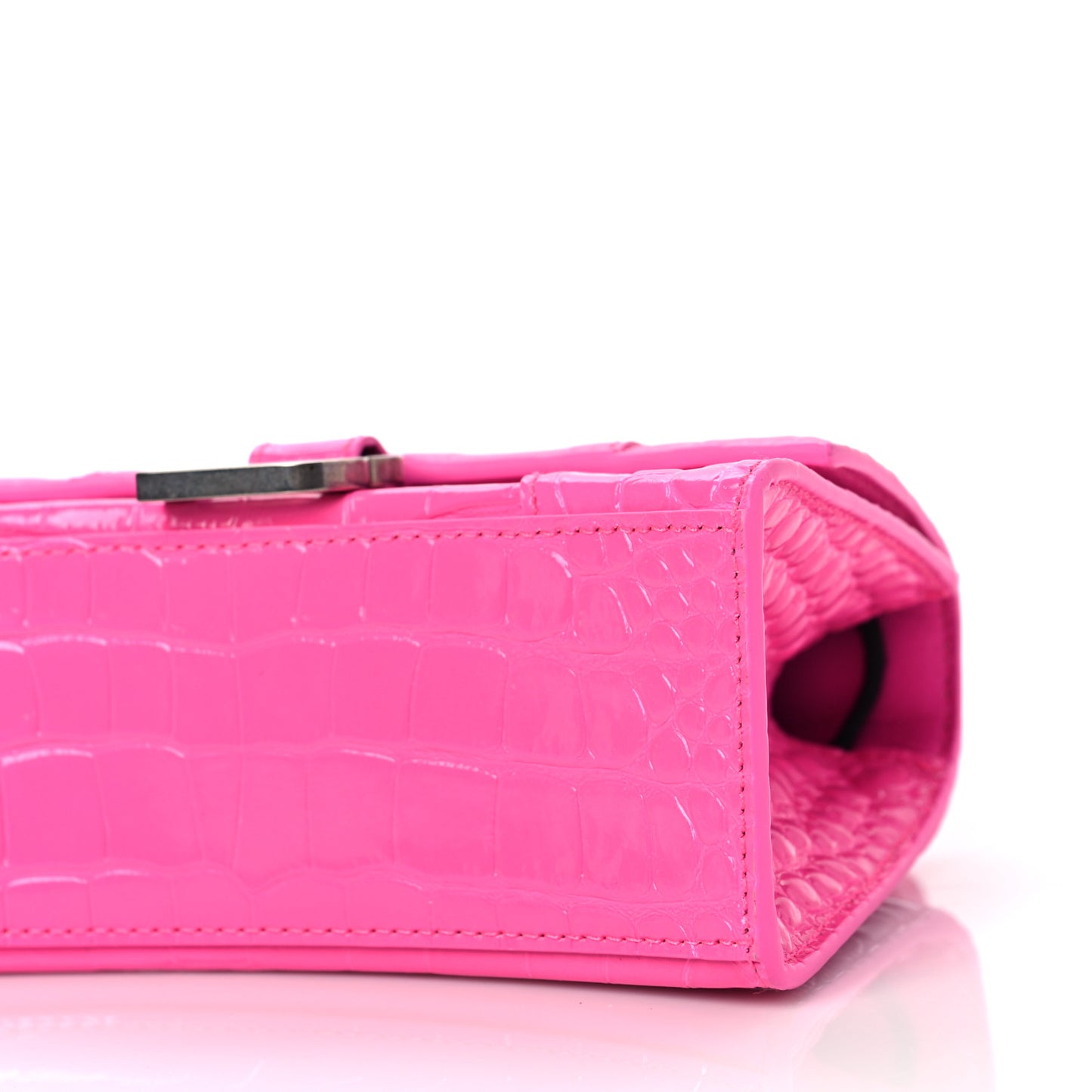 Shiny Calfskin Crocodile Embossed Hourglass Top Handle Bag XS Neon Pink