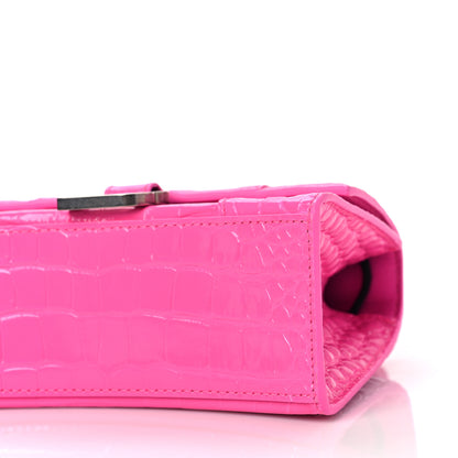 Balenciaga Shiny Calfskin Crocodile Embossed Hourglass Top Handle Bag XS Neon Pink 10 of 10