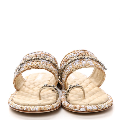 Chanel Raffia Lambskin Woven Chain CC Toe Ring Sandals 38 Beige White 2 of 9