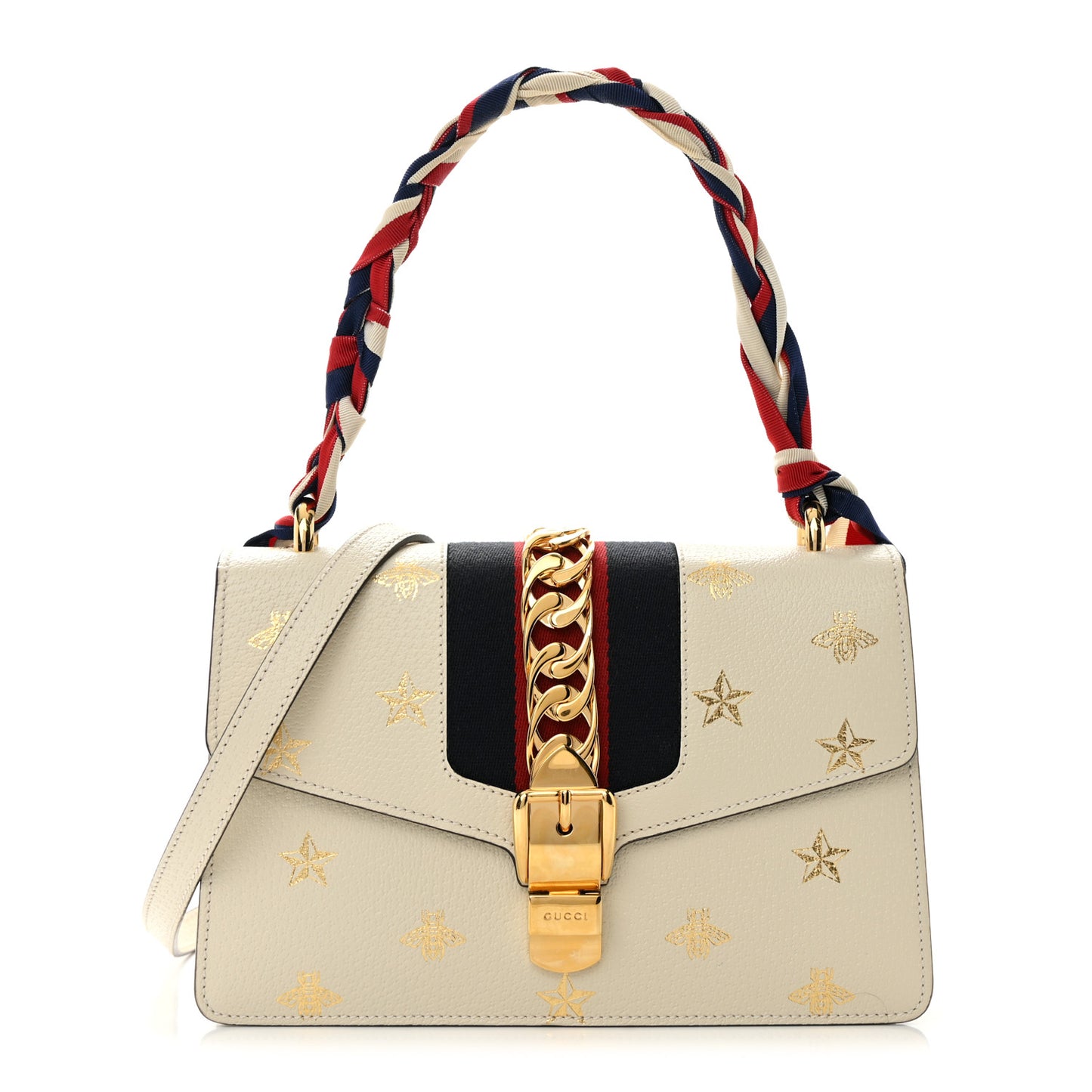 Textured Calfskin Bee Star Print Small Sylvie Shoulder Bag Mystic White