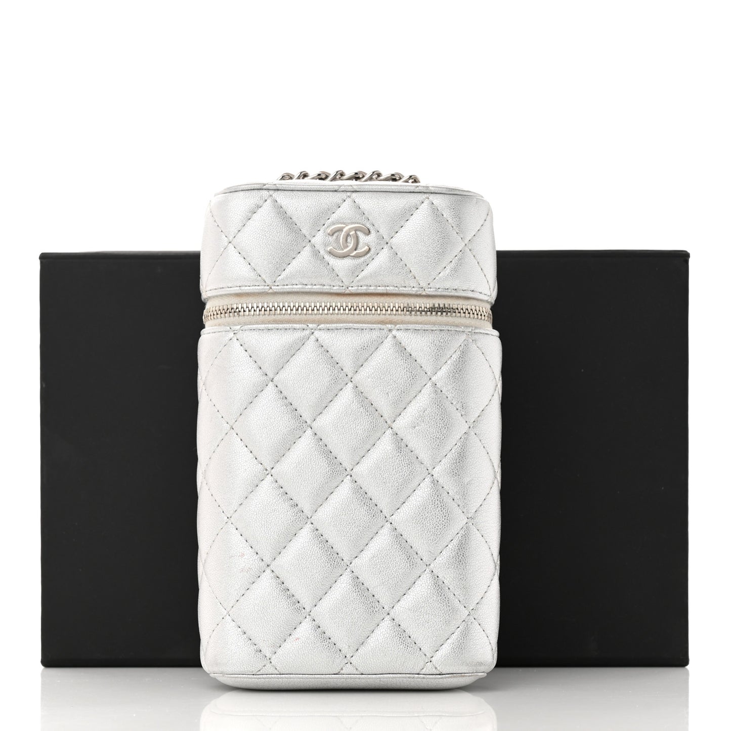 Metallic Lambskin Quilted Phone Holder With Chain Silver