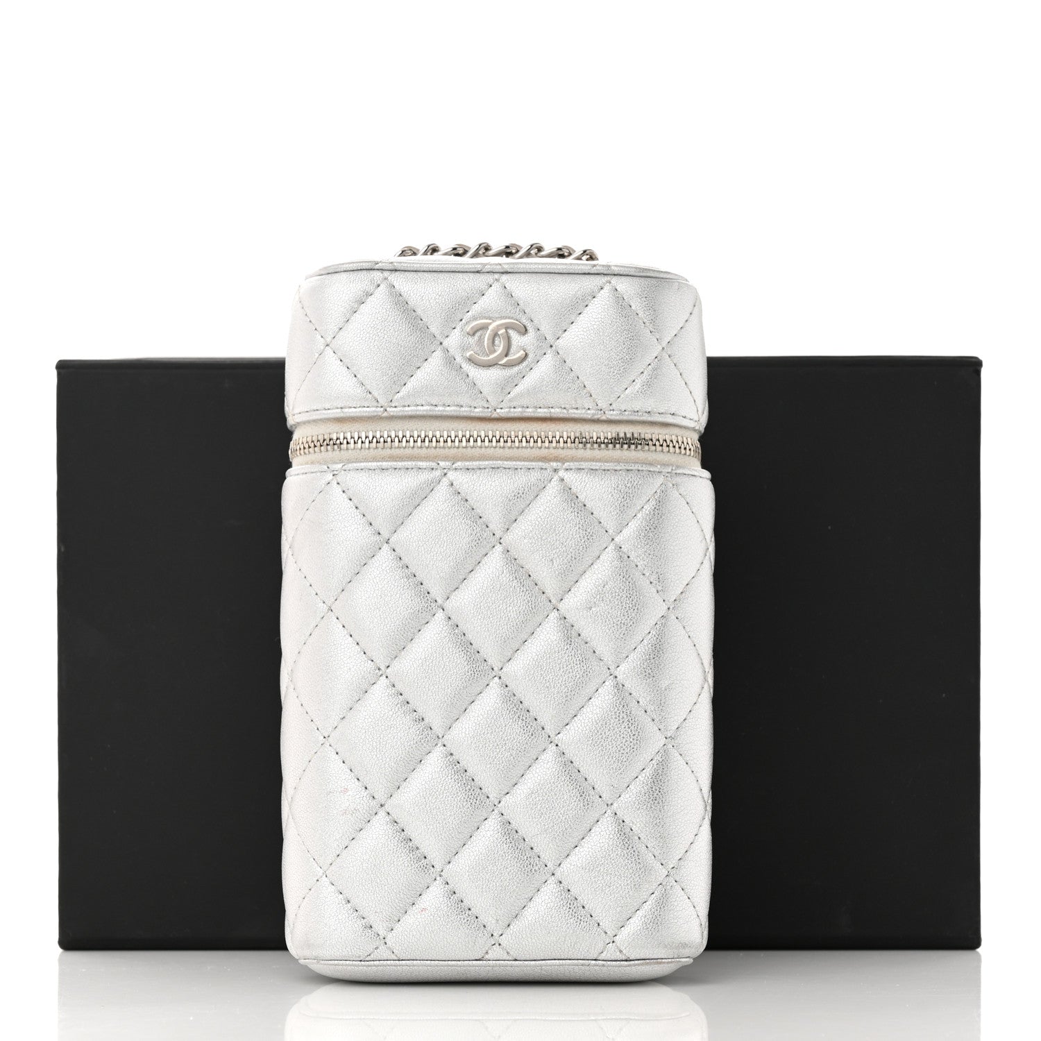 Chanel Metallic Lambskin Quilted Phone Holder With Chain Silver 14 of 14