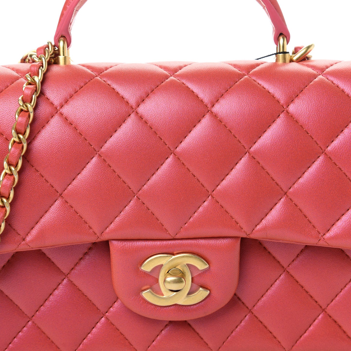 Iridescent Lambskin Quilted Mini Top Handle Rectangular Flap Red