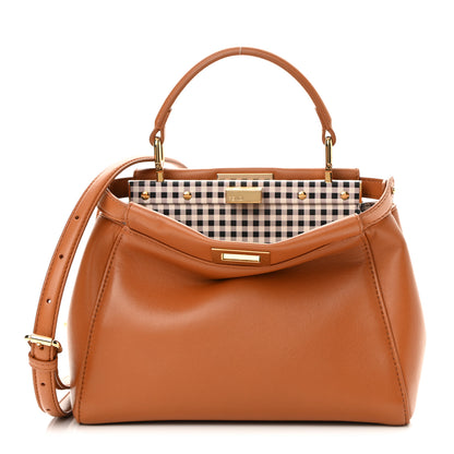 Fendi Nappa Vitello Century Gingham Embossed Mini Peekaboo Iconic Satchel Brandy White Black 3 of 15