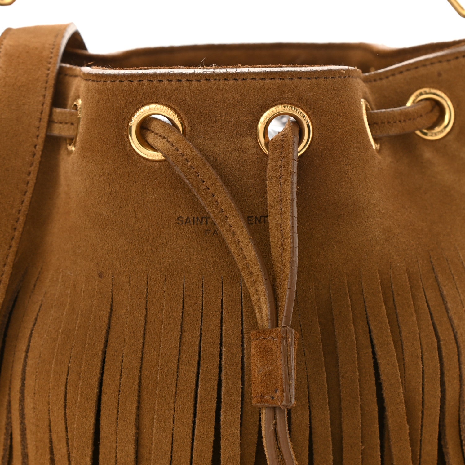 Saint Laurent Suede Calfskin Small Emmanuelle Fringe Bucket Bag Light Ocre 8 of 12