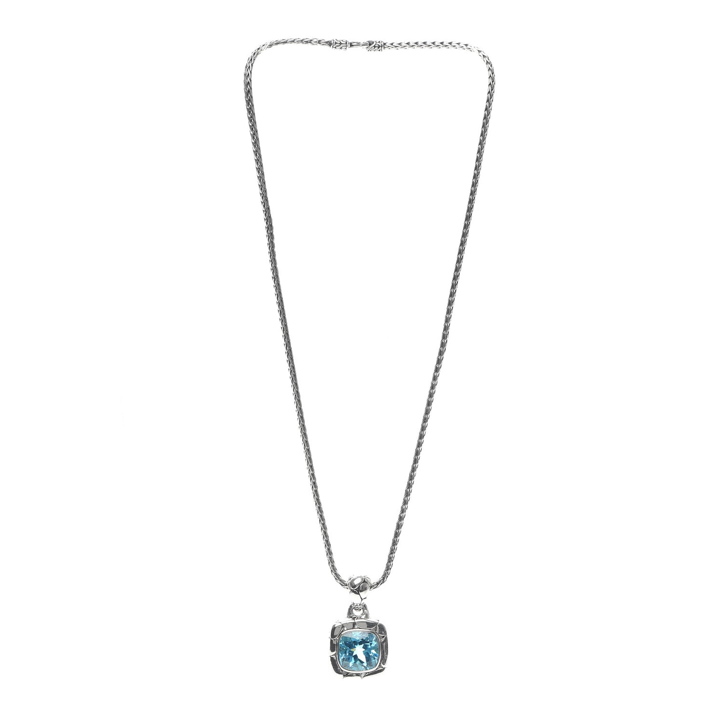 Sterling Silver Blue Topaz Batu Kali Square Pendant Necklace