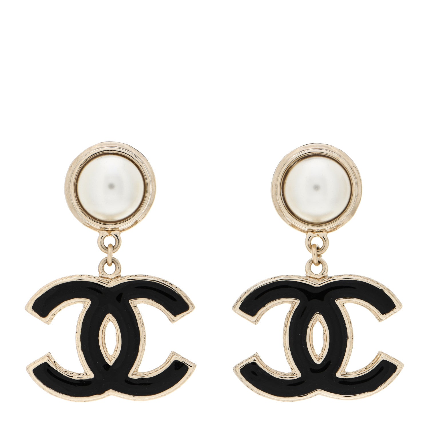 Chanel Pearl Enamel CC Drop Earrings Black 1 of 5