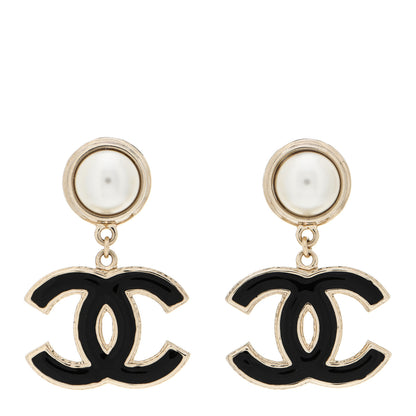 Chanel Pearl Enamel CC Drop Earrings Black 1 of 5
