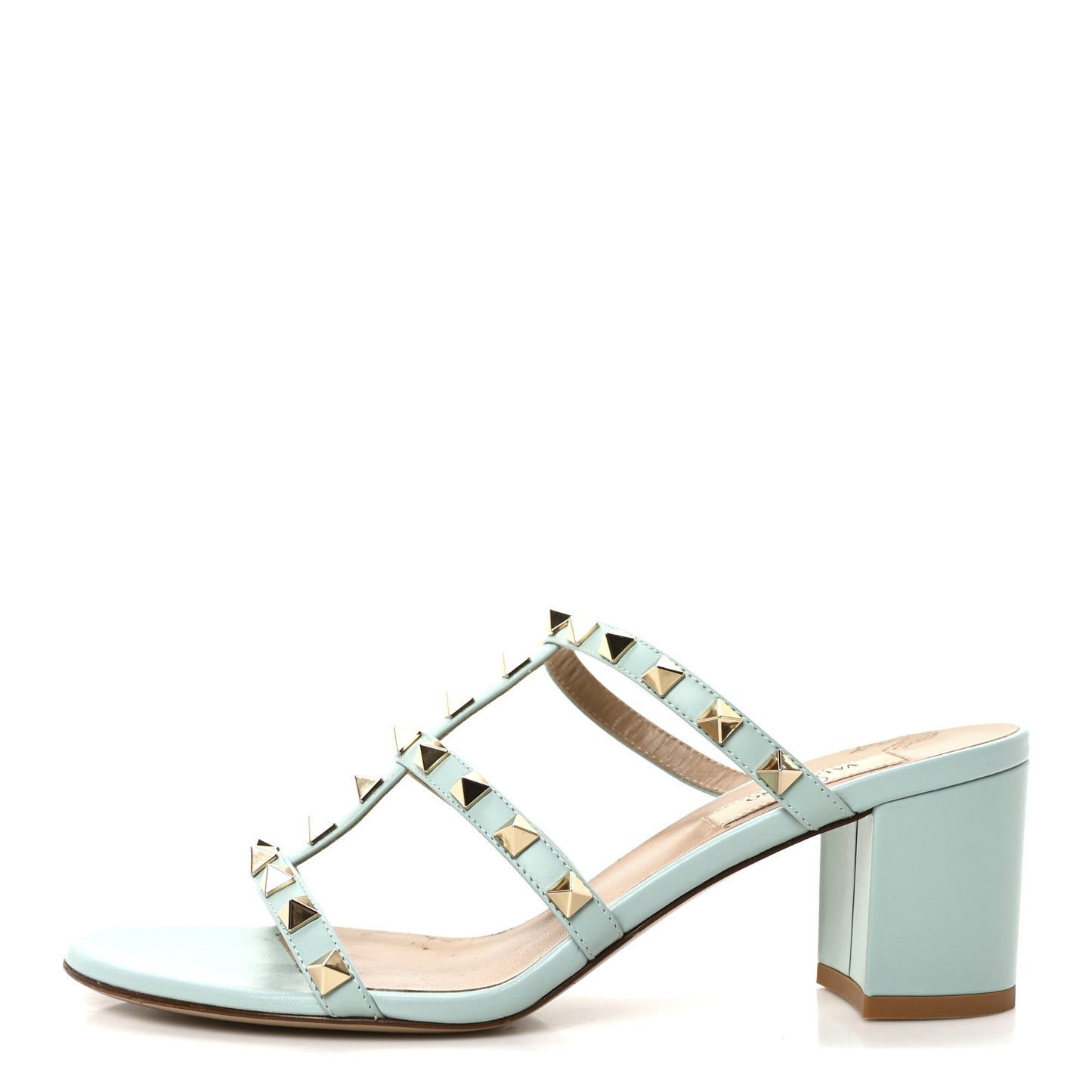 Calfskin Nappa Rockstud 60mm Caged Slide Sandals 37.5 Light Blue