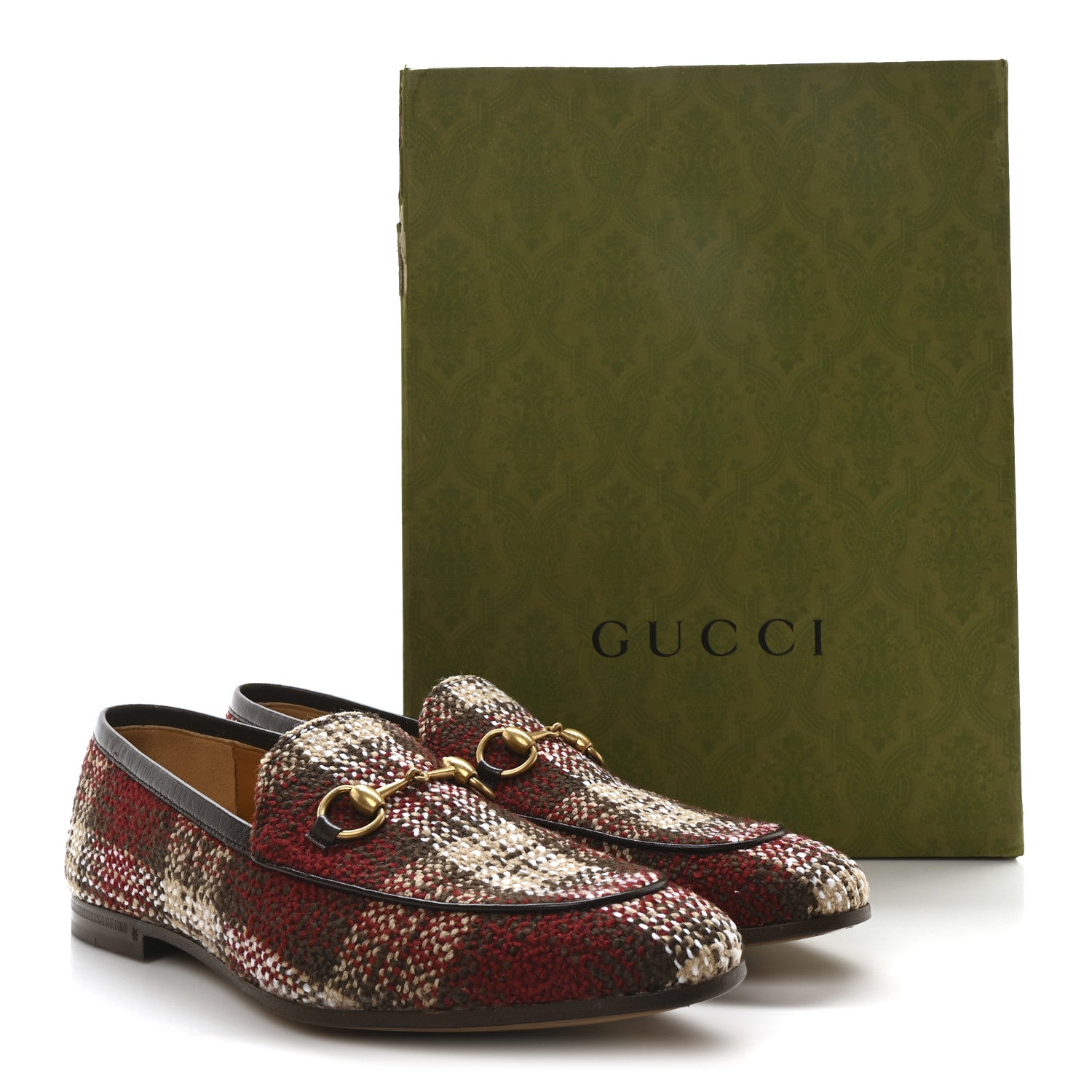 Gucci Vintage Tweed Check Horsebit Mens Jordaan Loafers 9 Red Beige White 10 of 10