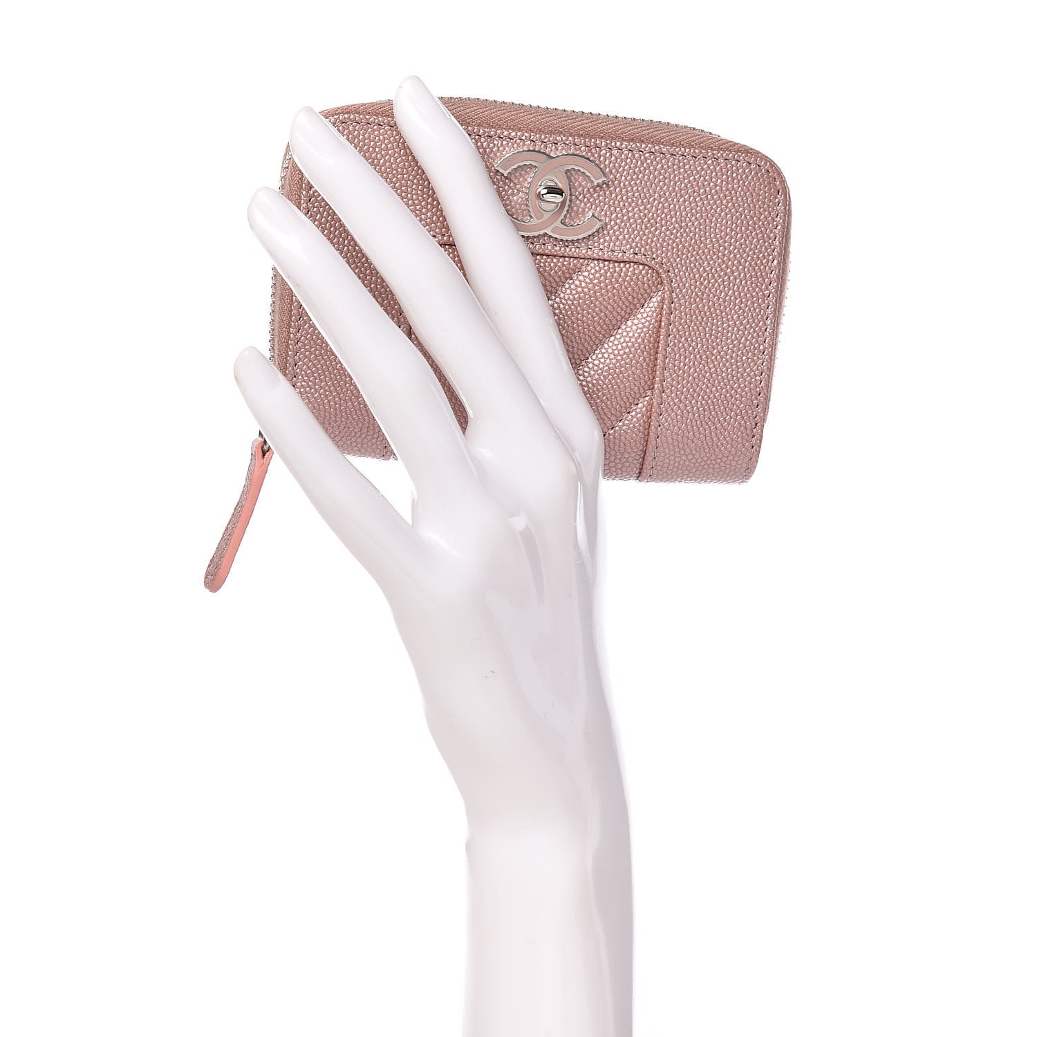 Chanel Metallic Caviar Chevron Quilted Vintage Mademoiselle Zip Coin Purse Pink 2 of 8