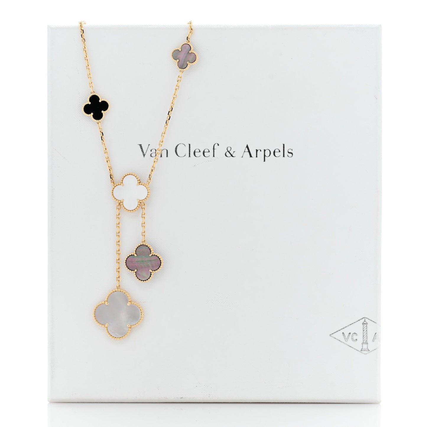 18K Yellow Gold Mother of Pearl Onyx 6 Motifs Magic Alhambra Necklace