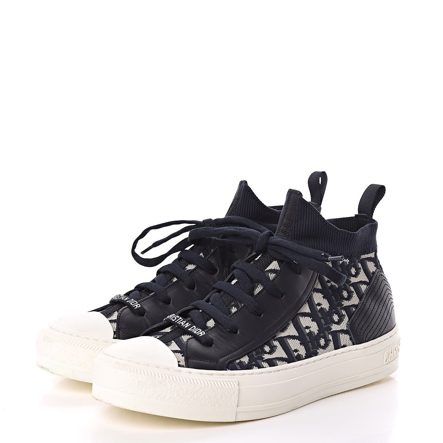 Technical Knit Calfskin Oblique Womens Walk'n Dior Mid Top Sneakers 38 Deep Blue