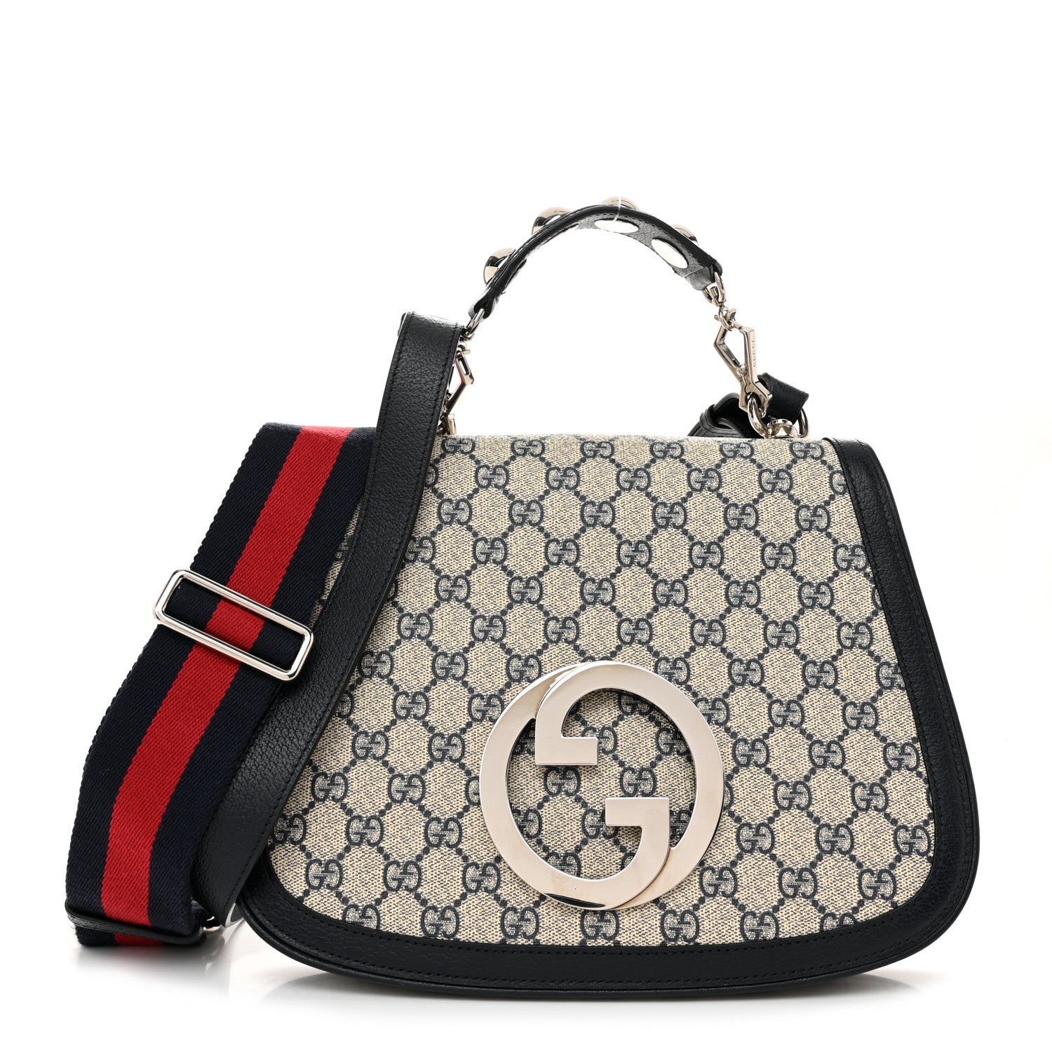 Gucci GG Supreme Monogram Textured Dollar Calfskin Web Medium Blondie Top Handle Shoulder Flap Bag Beige Blue 1 of 11