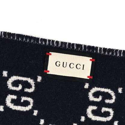 Gucci Wool GG Monogram Plaid Rise Reversible Fringe Scarf Midnight Blue Cream 4 of 4