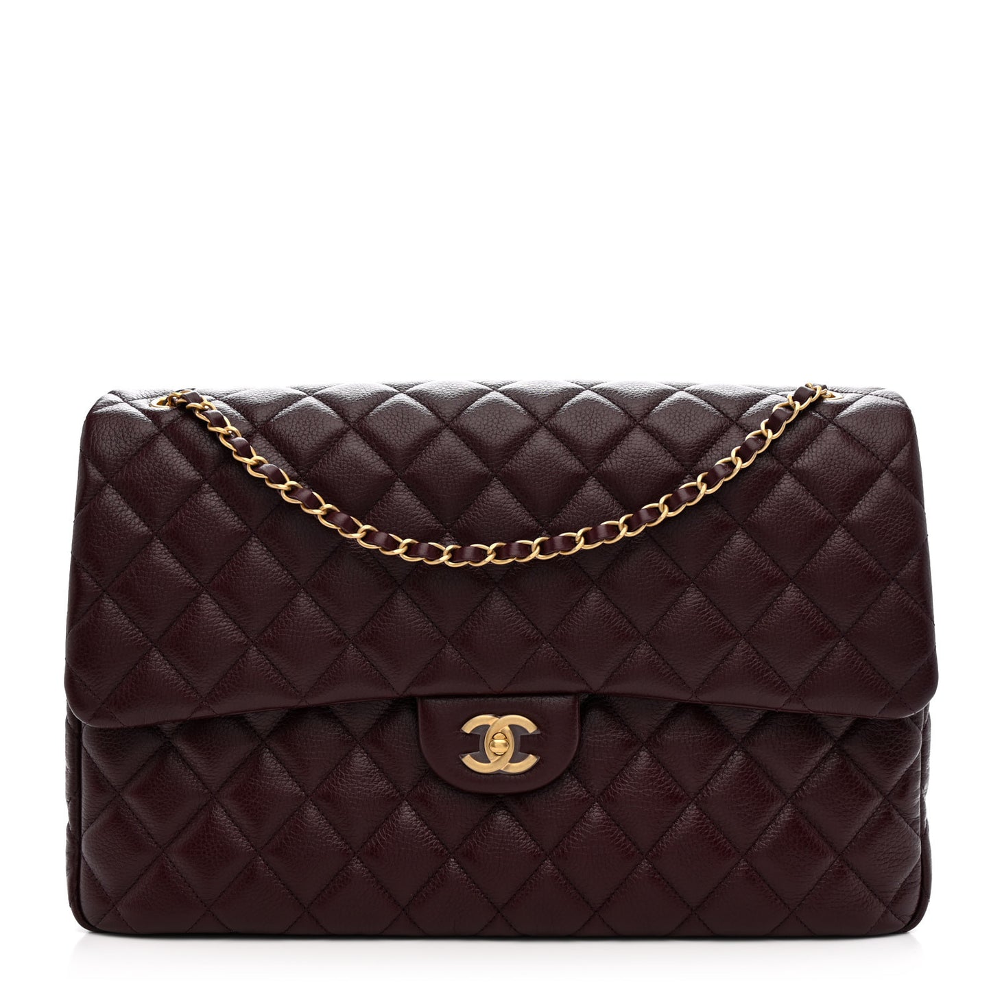 Grained Calfskin Quilted XXL Travel Flap Bag Burgundy