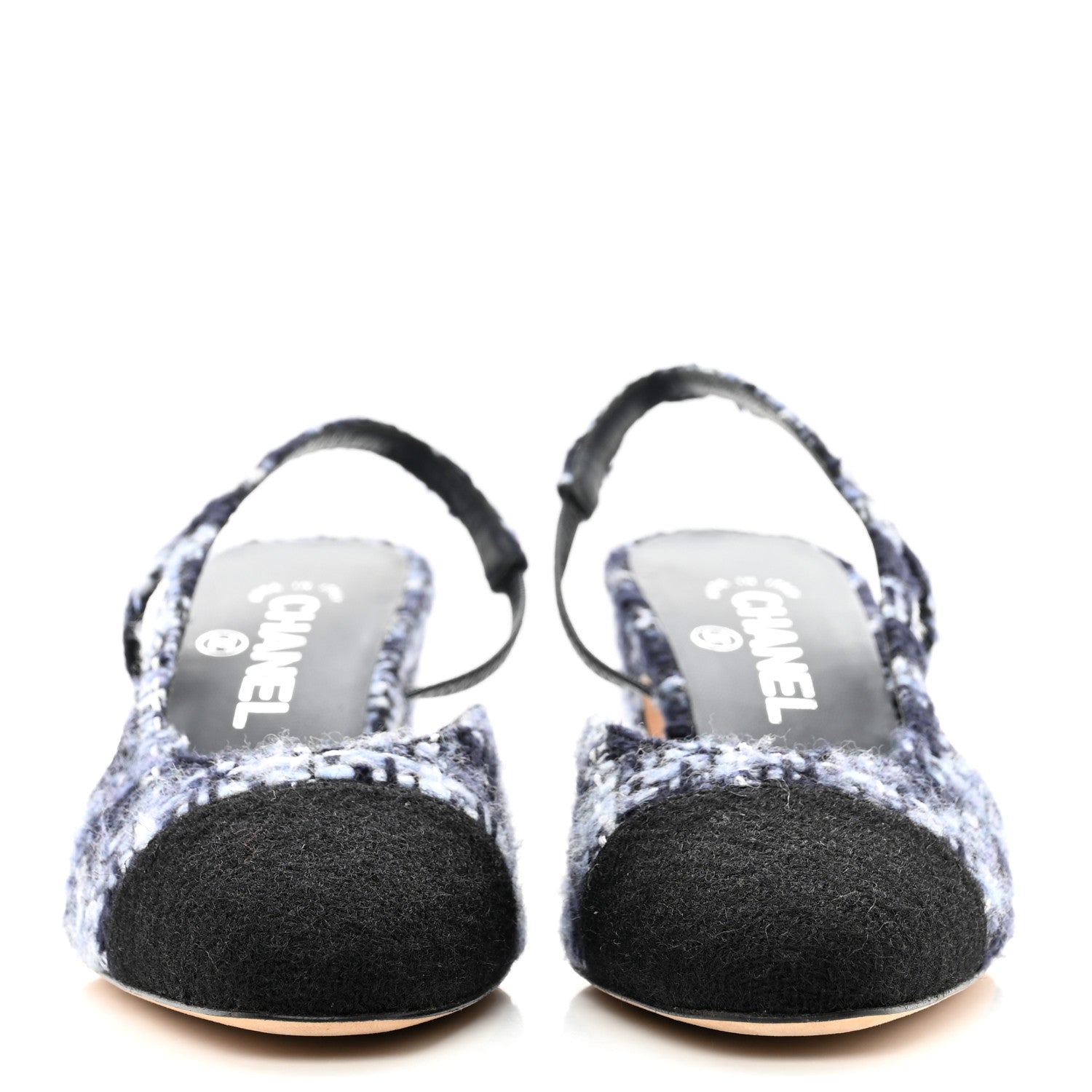 Chanel Tweed Cap Toe CC Slingback Pumps 38 Navy Blue Black 2 of 8