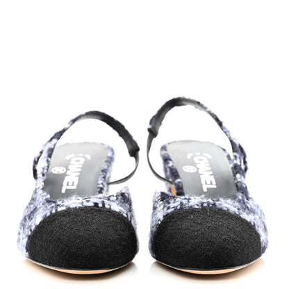 Chanel Tweed Cap Toe CC Slingback Pumps 38 Navy Blue Black 2 of 8