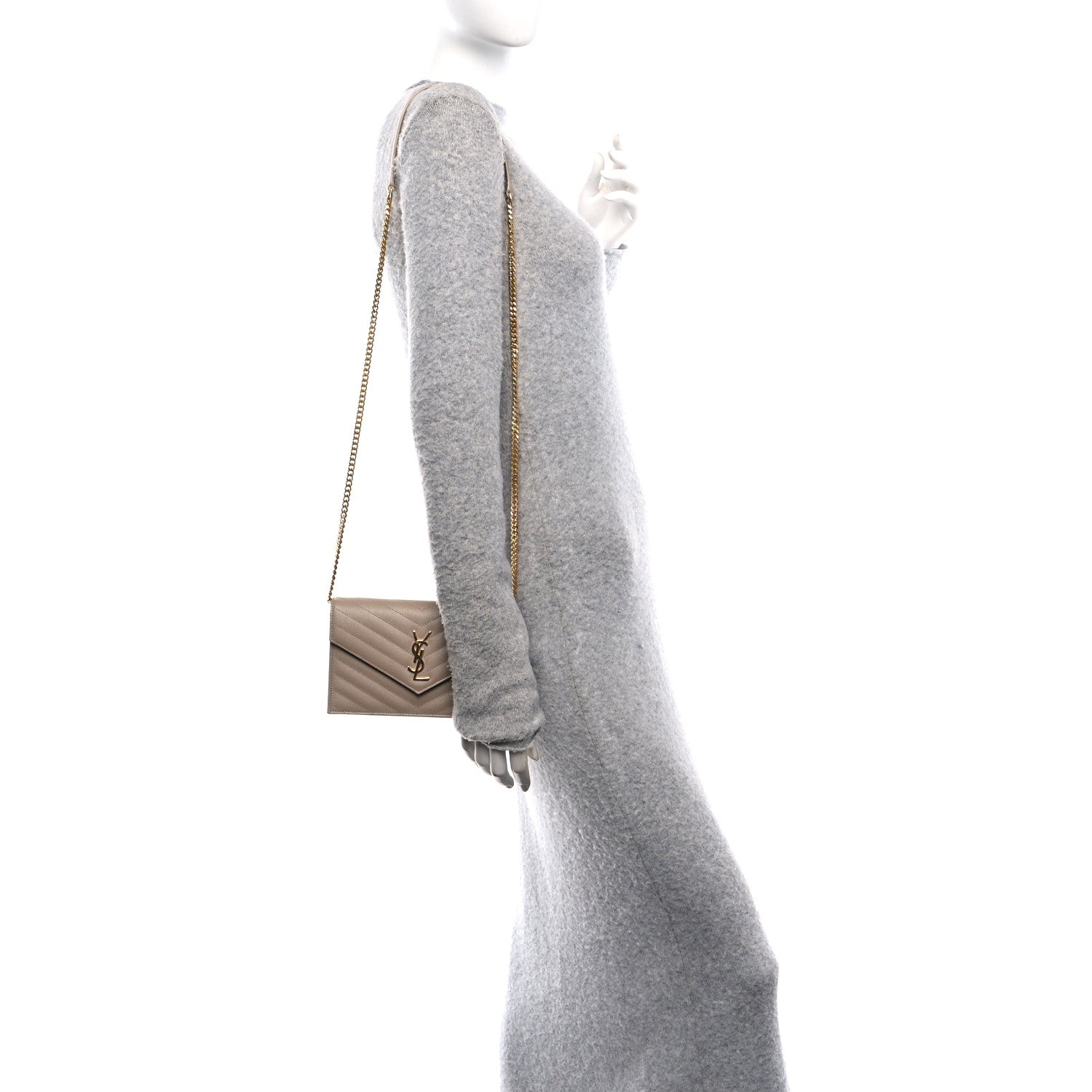 Saint Laurent Grain De Poudre Matelasse Chevron Monogram Envelope Chain Wallet Dark Beige 3 of 10