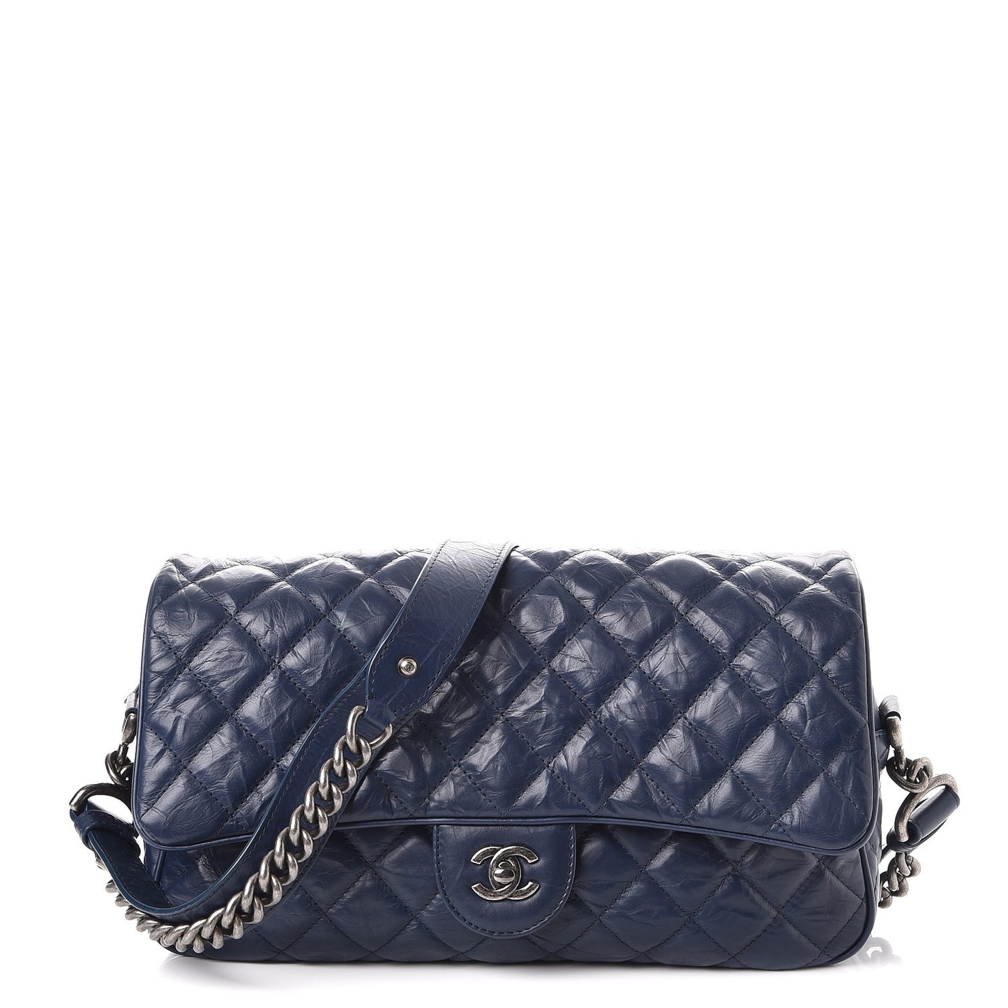 Crumpled Calfskin Quilted Medium Casual Rock Flap Navy