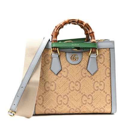 Gucci Raffia Textured Dollar Calfskin Web GG Monogram Small Diana Tote Bag Natural Brown New Shamarock Green 1 of 11
