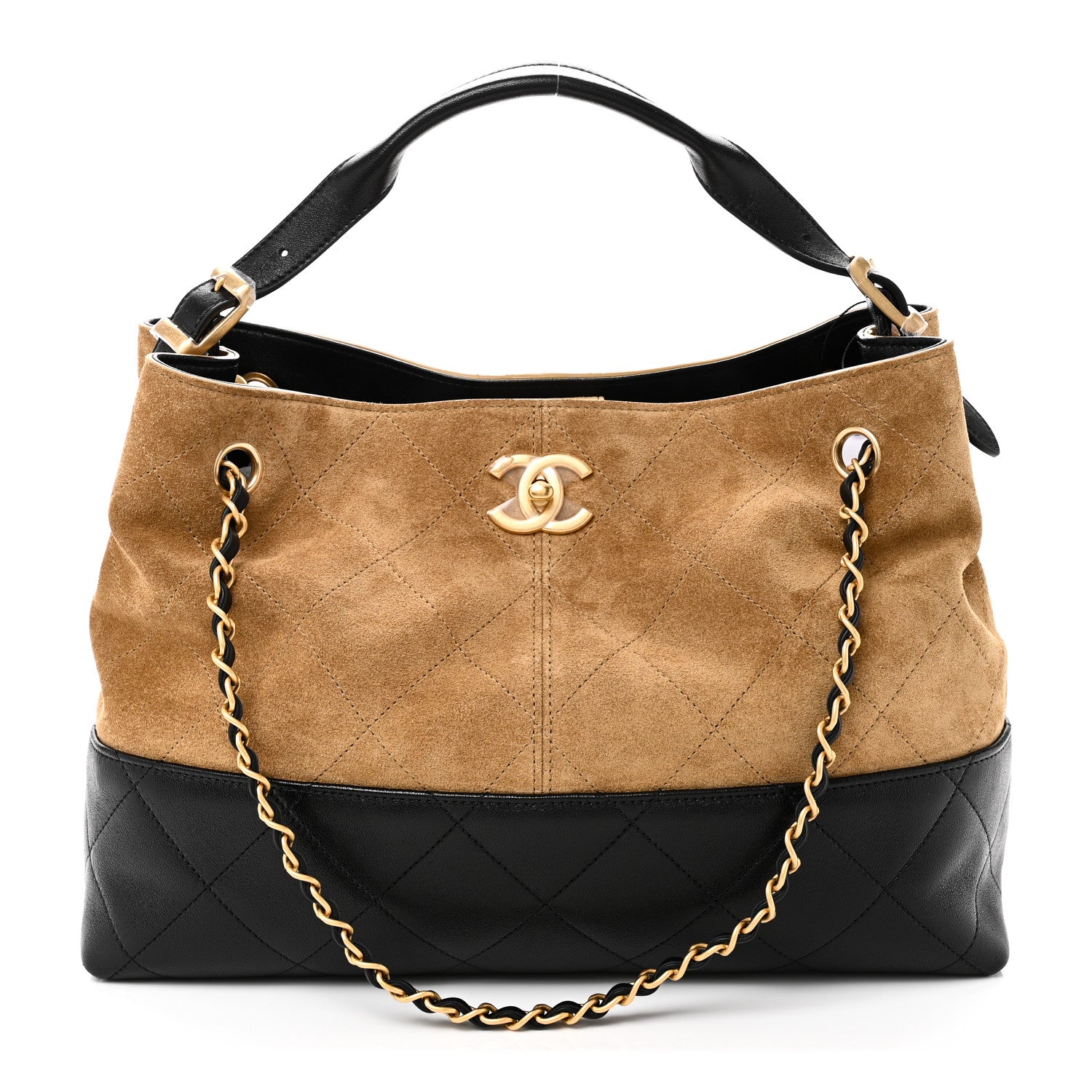 Chanel Suede Calfskin Shiny Lambskin Quilted Small Coco Base Shopping Bag Beige Black 1 of 11