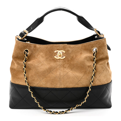 Chanel Suede Calfskin Shiny Lambskin Quilted Small Coco Base Shopping Bag Beige Black 1 of 11