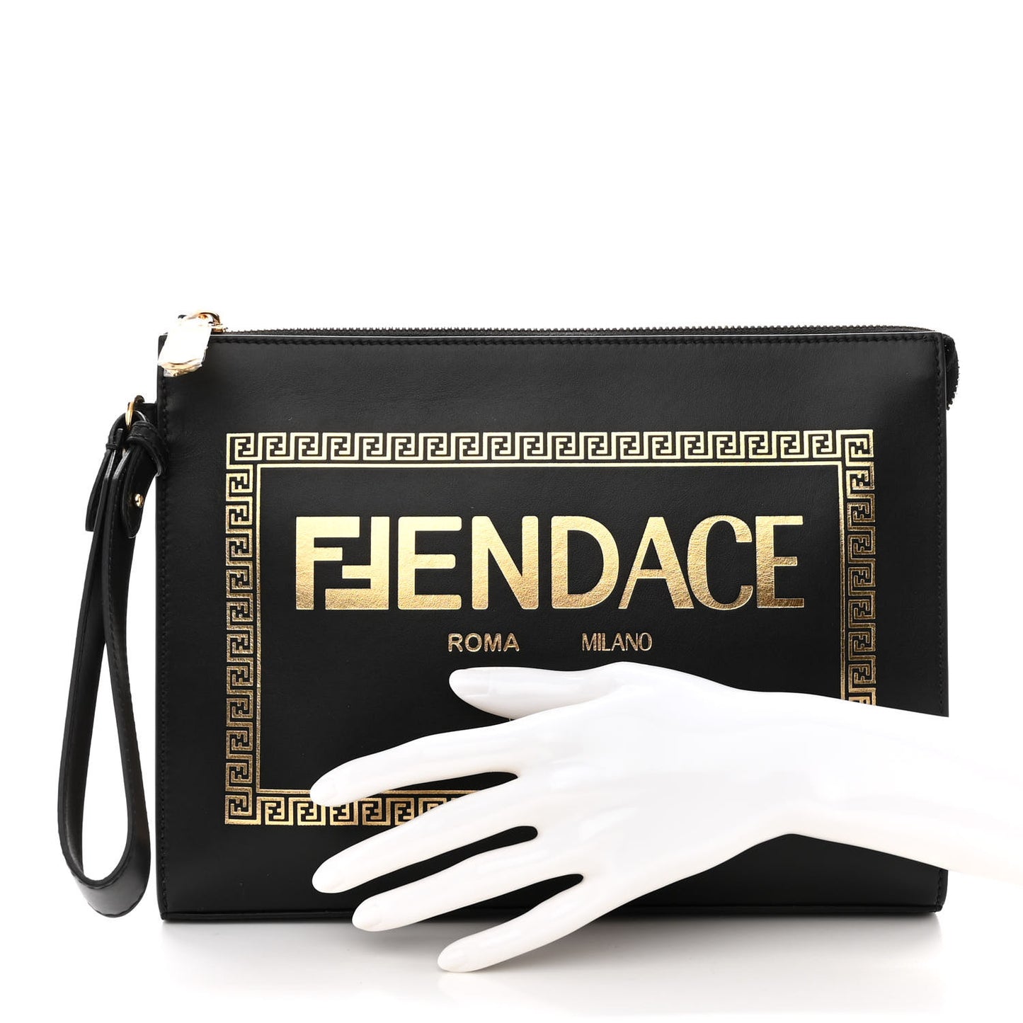 X VERSACE Vitello Grace Fendace FF Baroque Logo Large Flat Pouch Black