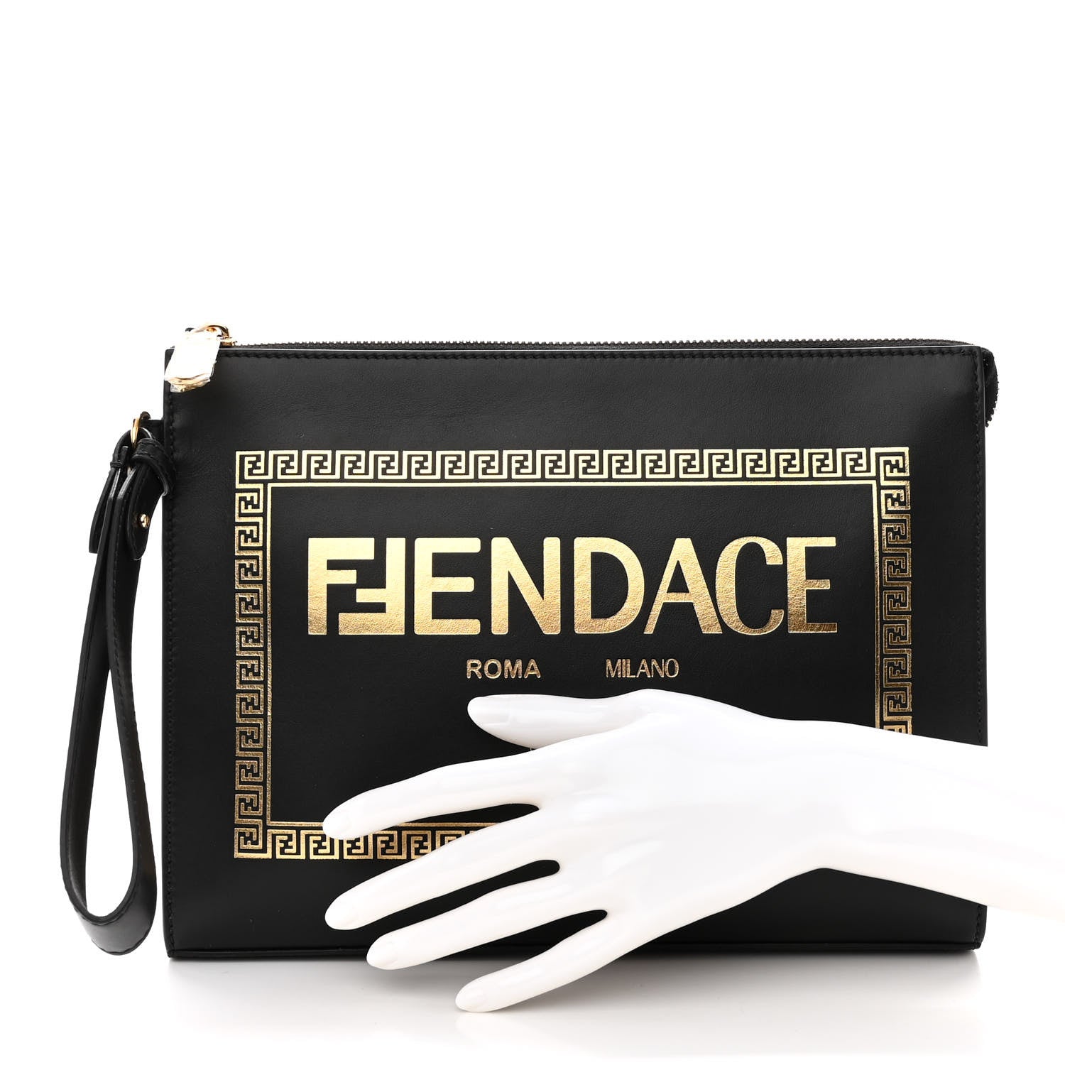Fendi X VERSACE Vitello Grace Fendace FF Baroque Logo Large Flat Pouch Black 2 of 9