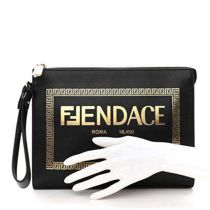 Fendi X VERSACE Vitello Grace Fendace FF Baroque Logo Large Flat Pouch Black 2 of 9