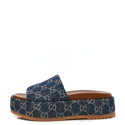 Gucci Jacquard Black Denim GG Monogram Angelina Platform 55mm Slide Sandals 38 Blue Tea Cuir 1 of 9