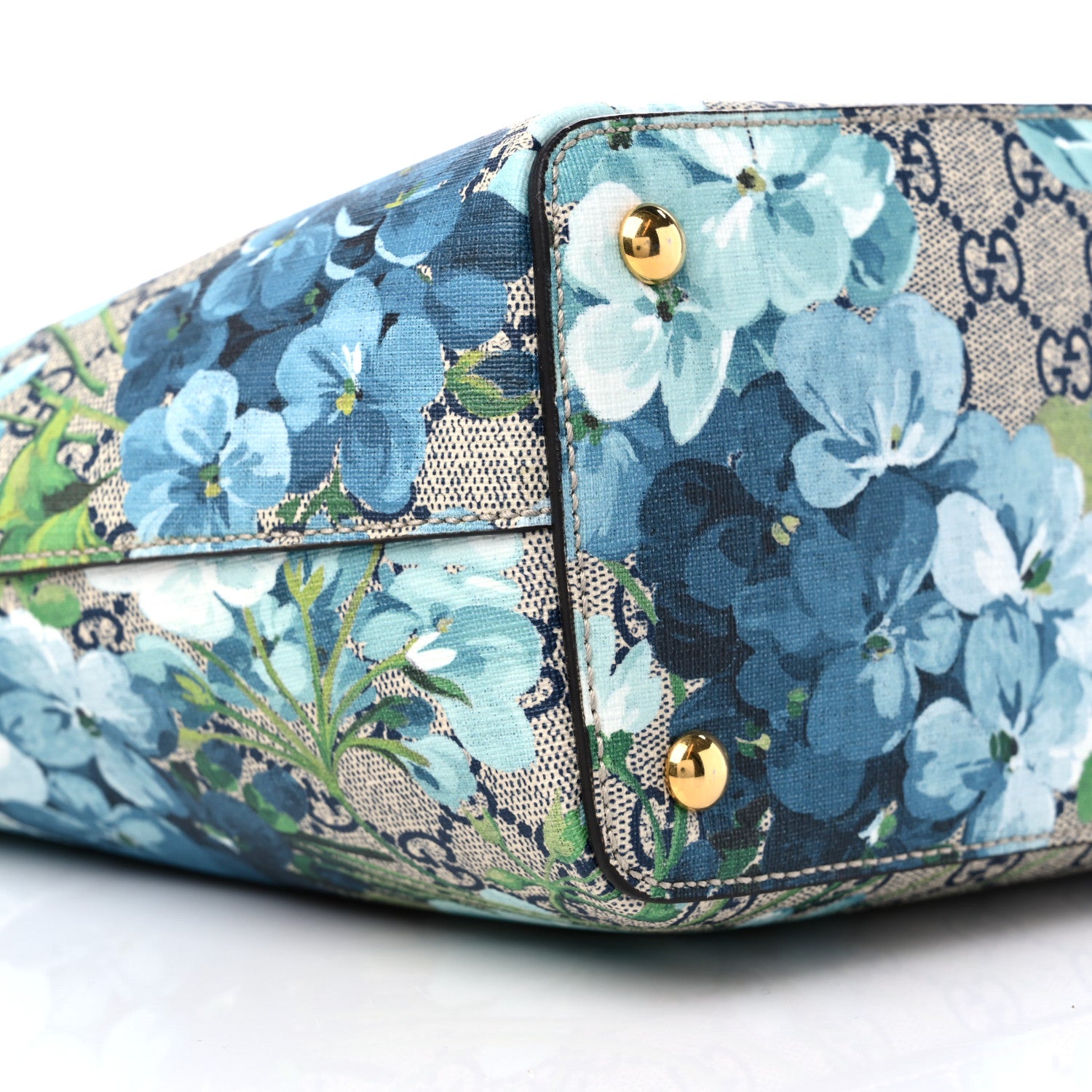 Gucci GG Supreme Monogram Blooms Medium Zippered Bucket Tote Beige Blue Navy Hibiscus Red 7 of 8