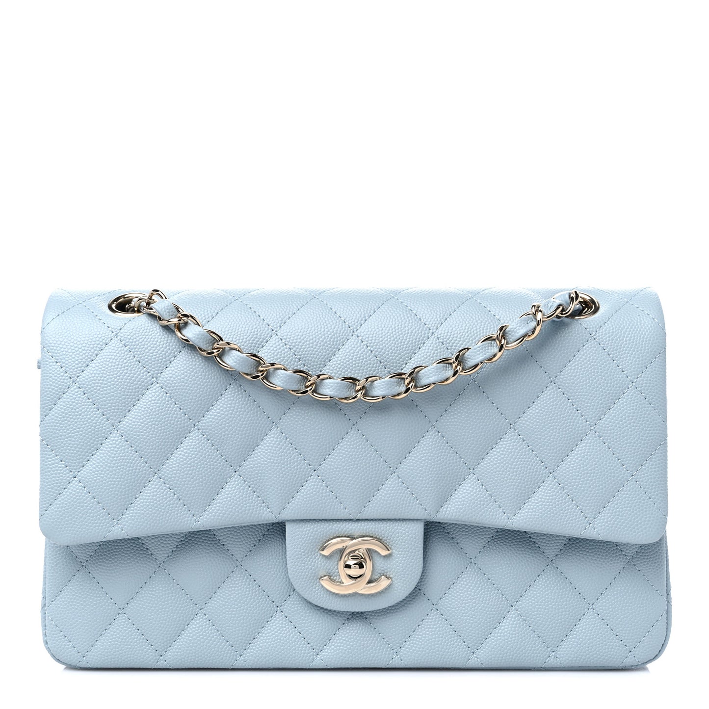 Caviar Quilted Medium Double Flap Light Blue