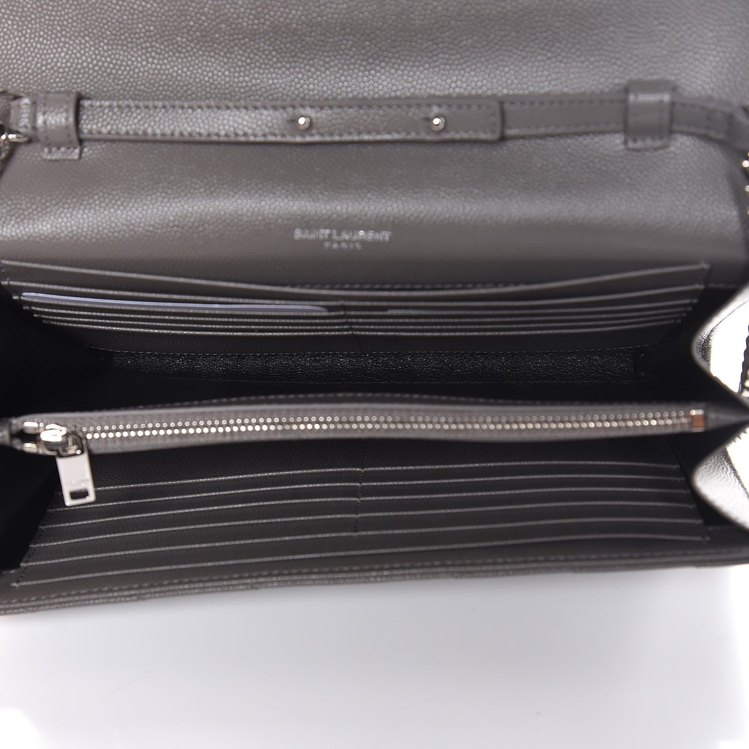 Saint Laurent Grain De Poudre Matelasse Chevron Monogram Chain Wallet Fog 5 of 6