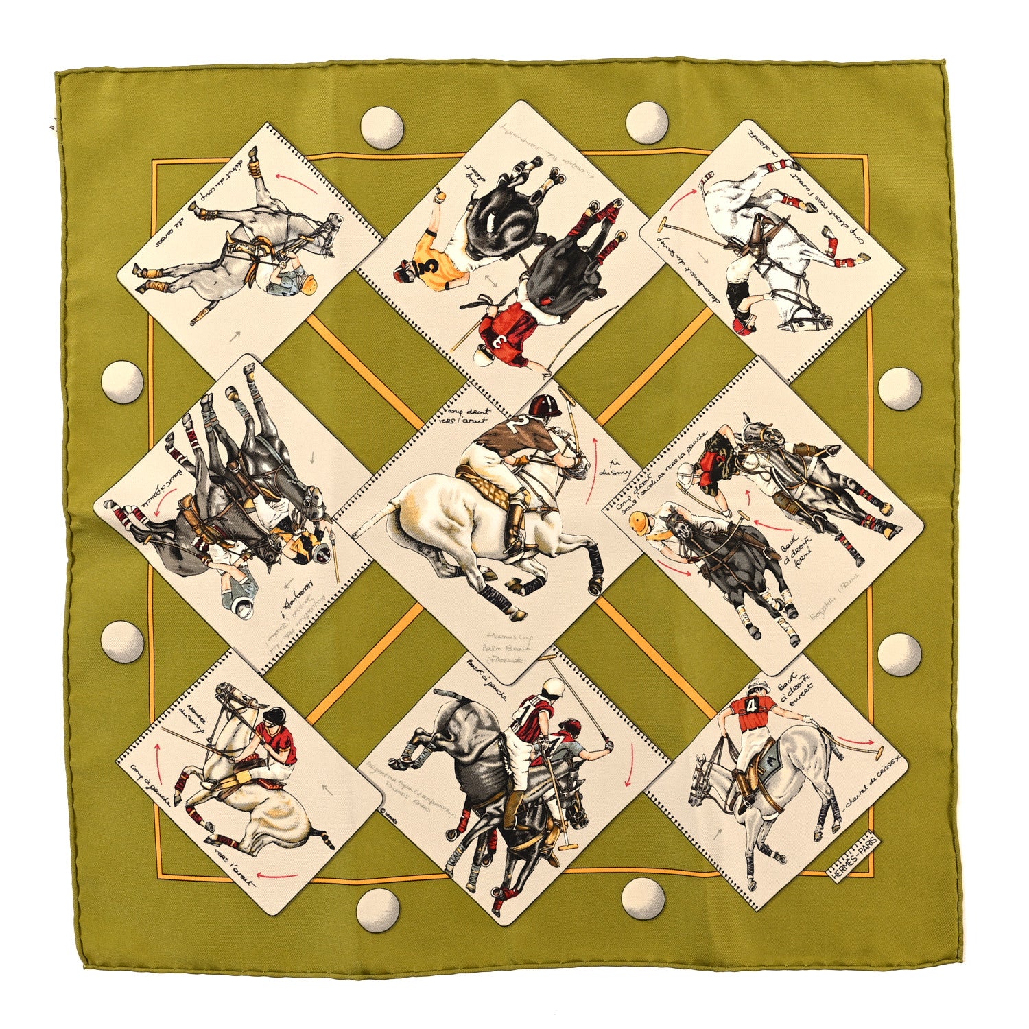 Hermes Silk Le Monde du Polo Pocket Scarf 45 Vert Beige Multicolor 1 of 3