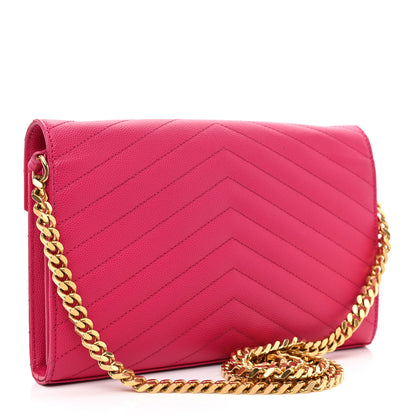 Saint Laurent Grain De Poudre Matelasse Chevron Monogram Chain Wallet Lipstick Fuchsia 3 of 9