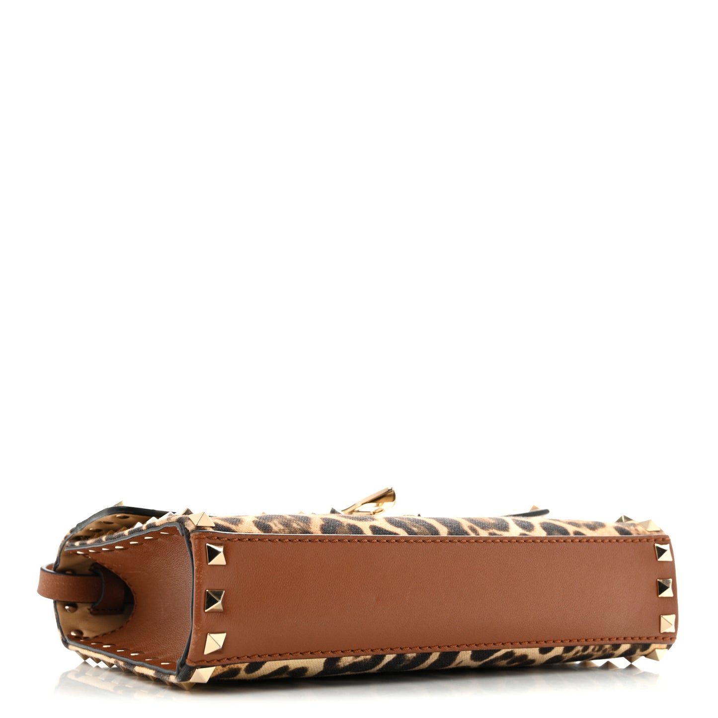 Calfskin Canvas Leopard Print Medium Rockstud Flip Lock Crossbody Bag Tan