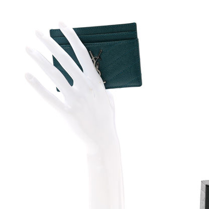 Saint Laurent Grain De Poudre Matelasse Chevron Monogram Credit Card Case Peacock Green 2 of 8