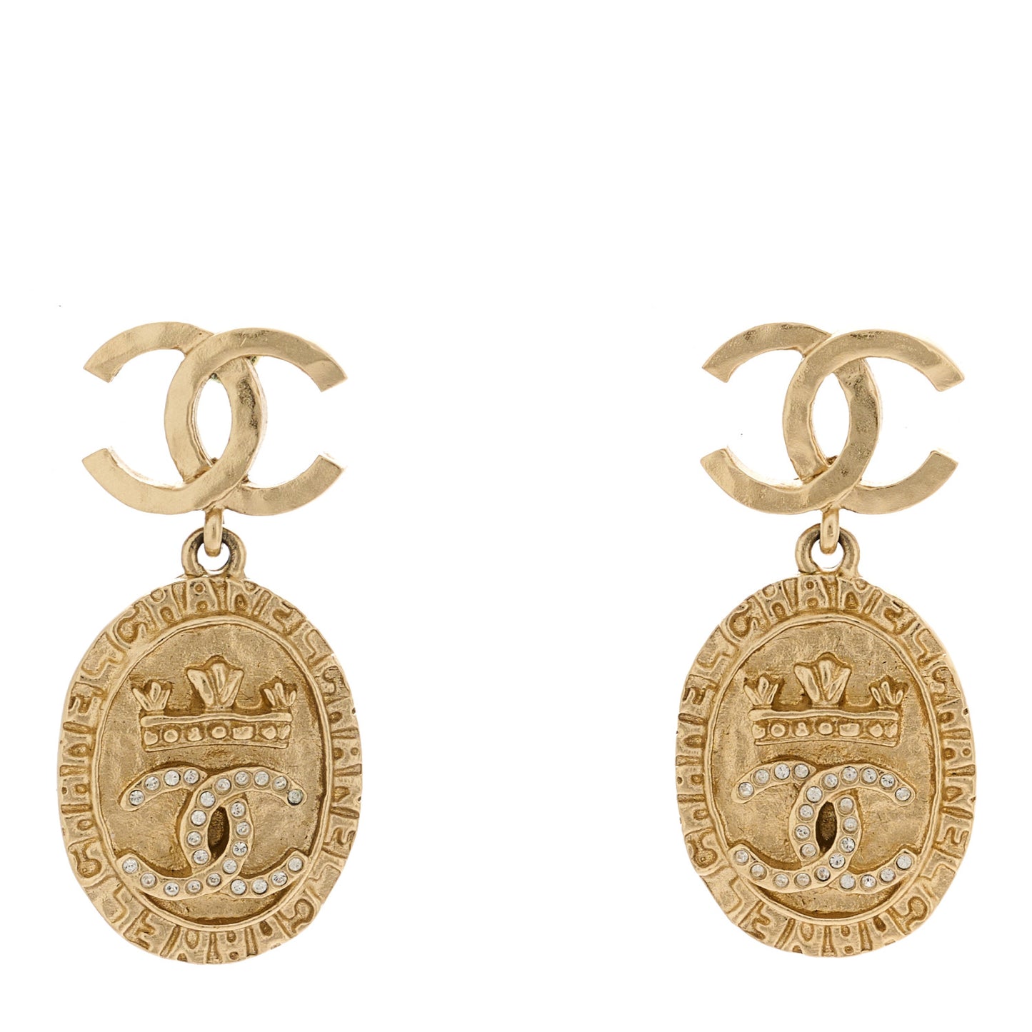 Crystal Crown CC Drop Earrings Gold